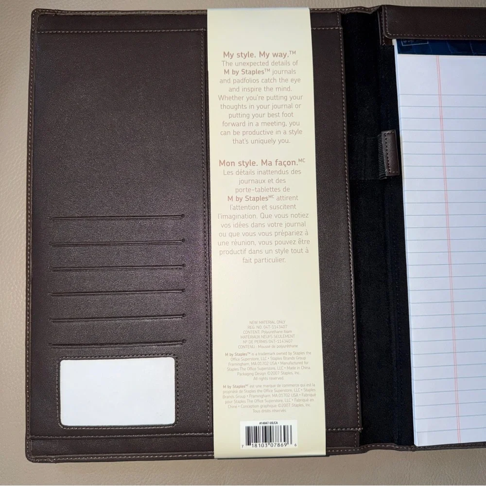 New Padfolio Brown Leather with Notepad, M by Staples with Interior Slit Pockets